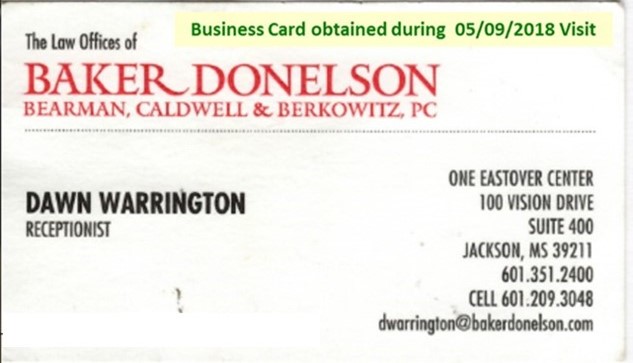 050918 Business Card From Baker Donelson Visit
