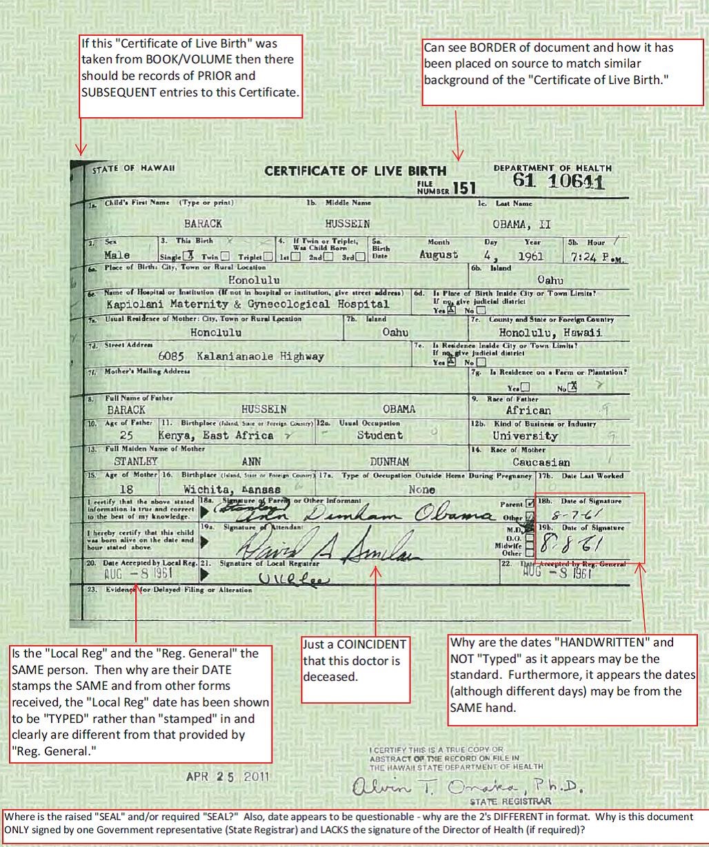 Barack Obama Certificate of Live Birth Discrepancies